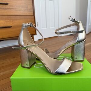 Sam Edelman Daniela Gold Leather Ankle-Strap Block Heels